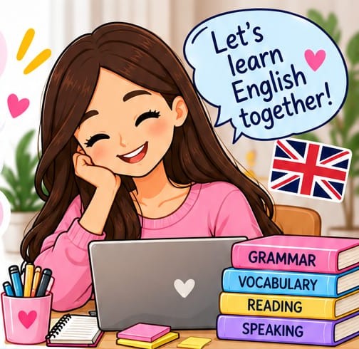 Ilustración de una tutora aprendiendo y enseñando inglés con libros y laptop