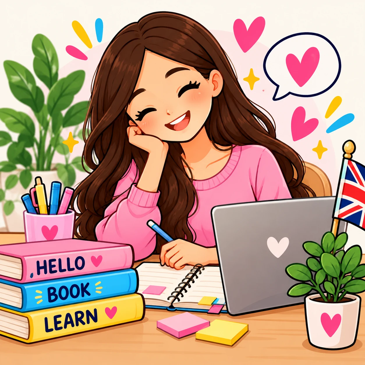 Ilustración de Andrea como tutora de inglés, con libros, laptop y detalles rosados