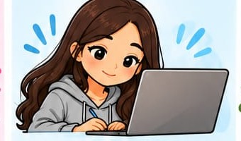 Ilustración de una joven practicando inglés con un portátil